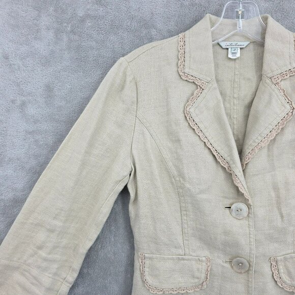 Intuitions Cropped Blazer 2 Natural Linen Lace Trim Floral Buttons Cottagecore - Picture 3 of 13